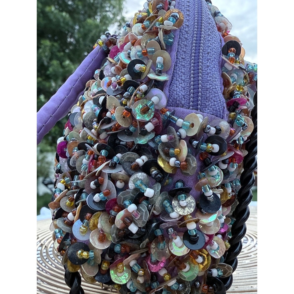 Kitschy Artsty Purple Beaded Sequin Mini Handbag Multi Color Embellished Purse - Picture 14 of 16